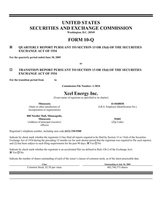 UNITED STATES
                   SECURITIES AND EXCHANGE COMMISSION
                                                         Washington, D.C. 20549


                                                         FORM 10-Q
        QUARTERLY REPORT PURSUANT TO SECTION 13 OR 15(d) OF THE SECURITIES
        EXCHANGE ACT OF 1934
For the quarterly period ended June 30, 2005

                                                                    or

        TRANSITION REPORT PURSUANT TO SECTION 13 OR 15(d) OF THE SECURITIES
        EXCHANGE ACT OF 1934
For the transition period from             to

                                                     Commission File Number: 1-3034


                                                      Xcel Energy Inc.
                                           (Exact name of registrant as specified in its charter)

                             Minnesota                                                            41-0448030
                   (State or other jurisdiction of                                     (I.R.S. Employer Identification No.)
                  incorporation or organization)

                800 Nicollet Mall, Minneapolis,
                          Minnesota                                                                   55402
                 (Address of principal executive                                                    (Zip Code)
                            offices)

Registrant’s telephone number, including area code (612) 330-5500

Indicate by check mark whether the registrant (1) has filed all reports required to be filed by Section 13 or 15(d) of the Securities
Exchange Act of 1934 during the preceding 12 months (or for such shorter period that the registrant was required to file such reports),
and (2) has been subject to such filing requirements for the past 90 days. Yes No

Indicate by check mark whether the registrant is an accelerated filer (as defined in Rule 12b-2 of the Exchange Act).
   Yes No

Indicate the number of shares outstanding of each of the issuer’s classes of common stock, as of the latest practicable date.

                               Class                                                         Outstanding at July 26, 2005
                 Common Stock, $2.50 par value                                                 402,746,373 shares
 
