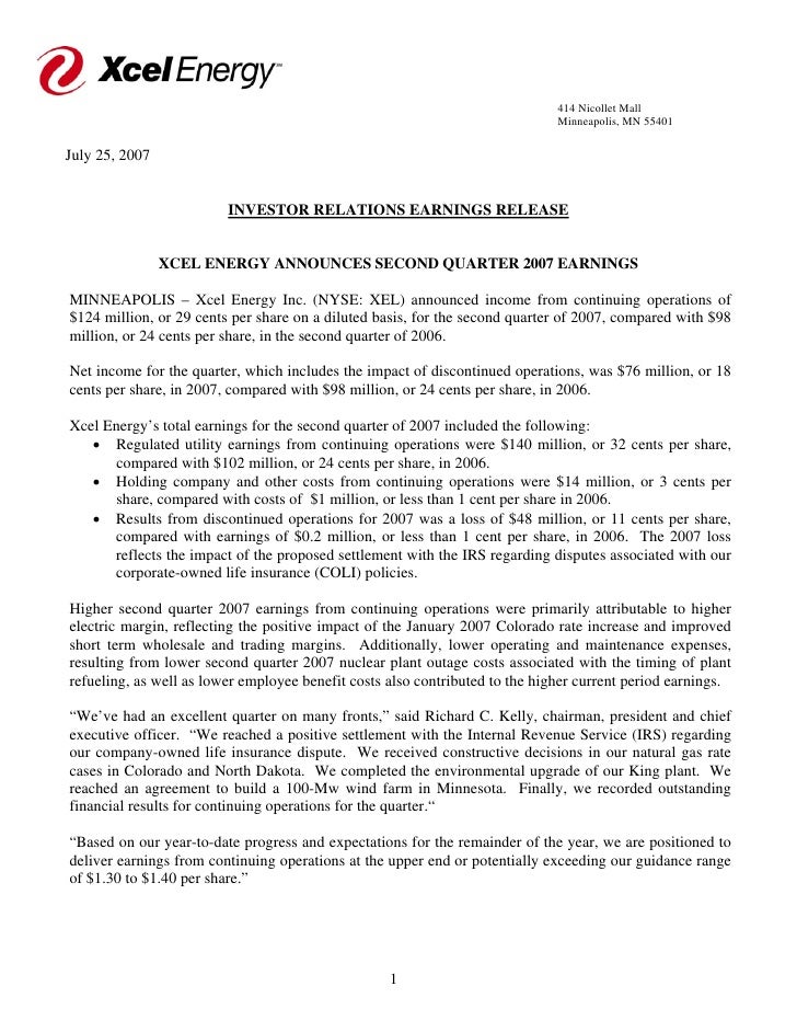 Xcel Energy 2007q2earningsrelease - 