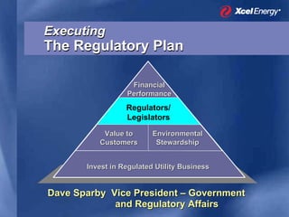 Executing
The Regulatory Plan

                   Financial
                  Performance
                  Regulators/
                  Legislators

           Value to       Environmental
          Customers        Stewardship


       Invest in Regulated Utility Business


Dave Sparby Vice President – Government
             and Regulatory Affairs
 