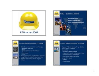 CMC – Business Model

                                                                                                                 Vertical Integration
                                                                                                                 Product Diversification
                                                                                                                 Global Geographic Dispersion




                   3rd Quarter 2008                                           2
                                                                              3rd Quarter 2008




                   Current Market Conditions & Outlook                                           Current Market Conditions & Outlook

                                                                                                   Expected 4th Quarter Earnings Range - $0.90 to
                     Global Demand Unabated (in Order of Strength):
                                                                                                   $1.00 – Zero LIFO Expense
                     –   Middle East / North Africa
                     –   Russia                                                                    Unusual Year
                     –   Central / Eastern Europe / South America
                                                                                                   – No Signs of Seasonal Correction
                     –   Southeast Asia
                     –   North America                                                             – Impact Beijing Olympics and Earthquake in China
                     –   China
                                                                                                   – Demand Continues to Outstrip Supply
                     Steel Input Cost (Scrap, Iron Ore, Alloys, Electrodes,                        – Low Inventory Levels in Most Markets
                     Energy) Underwriting Steel Finished Good Prices
                                                                                                   Longer-Term Issues
                     Shredded / Other Ferrous Grades – Signs of
                                                                                                   – Inflation
                     Pullback
                                                                                                   – Credit Squeeze

3                                                                             4
3rd Quarter 2008                                                              3rd Quarter 2008




                                                                                                                                                       1
 