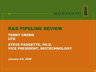 R&D PIPELINE REVIEW
TERRY CREWS
CFO
STEVE PADGETTE, PH.D.
VICE PRESIDENT, BIOTECHNOLOGY


January 8-9, 2008



                                1
 