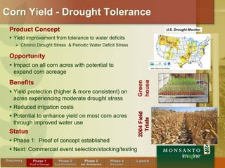 Corn Yield - Drought Tolerance
 Product Concept
    Yield improvement from tolerance to water deficits
       Chronic Drought Stress & Periodic Water Deficit Stress

 Opportunity                                                                                    )




    Impact on all corn acres with potential to
    expand corn acreage




                                                                                   house
 Benefits




                                                                                   Green
    Yield protection (higher & more consistent) on
    acres experiencing moderate drought stress
    Reduced irrigation costs




                                                                                   2004 Field
    Potential to enhance yield on most corn acres




                                                                                     Trials
    through improved water use
 Status
    Phase 1: Proof of concept established
    Next: Commercial event selection/stacking/testing
Discovery     Phase 1                                Phase 3          Phase 4
                                  Phase 2                                          Launch
            Proof of Concept                       Adv. Development   Pre-Launch
                                                                      Pre-
                               Early Development
 