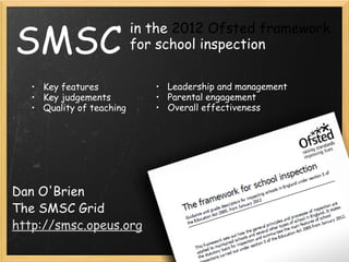 SMSC Dan O'Brien The SMSC Grid http://smsc.opeus.org in the  2012 Ofsted framework  for school inspection ,[object Object],[object Object],[object Object],[object Object],[object Object],[object Object]
