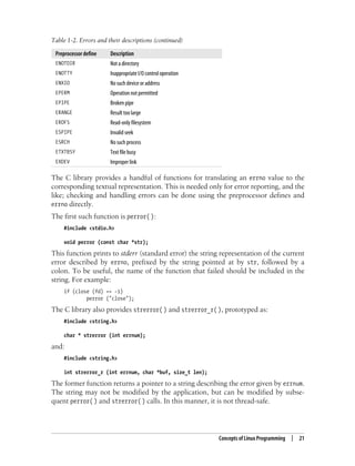 Concepts of Linux Programming | 21
The C library provides a handful of functions for translating an errno value to the
corresponding textual representation. This is needed only for error reporting, and the
like; checking and handling errors can be done using the preprocessor defines and
errno directly.
The first such function is perror( ):
#include <stdio.h>
void perror (const char *str);
This function prints to stderr (standard error) the string representation of the current
error described by errno, prefixed by the string pointed at by str, followed by a
colon. To be useful, the name of the function that failed should be included in the
string. For example:
if (close (fd) == -1)
perror ("close");
The C library also provides strerror( ) and strerror_r( ), prototyped as:
#include <string.h>
char * strerror (int errnum);
and:
#include <string.h>
int strerror_r (int errnum, char *buf, size_t len);
The former function returns a pointer to a string describing the error given by errnum.
The string may not be modified by the application, but can be modified by subse-
quent perror( ) and strerror( ) calls. In this manner, it is not thread-safe.
ENOTDIR Not a directory
ENOTTY Inappropriate I/O control operation
ENXIO No such device or address
EPERM Operation not permitted
EPIPE Broken pipe
ERANGE Result too large
EROFS Read-only filesystem
ESPIPE Invalid seek
ESRCH No such process
ETXTBSY Text file busy
EXDEV Improper link
Table 1-2. Errors and their descriptions (continued)
Preprocessor define Description
 