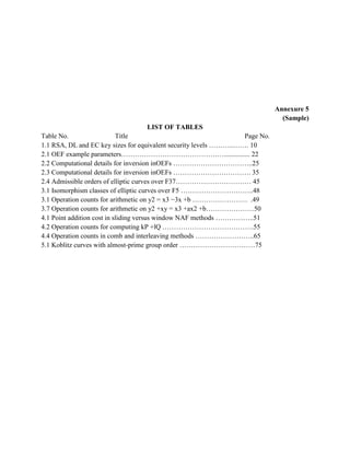 Annexure 5
(Sample)
LIST OF TABLES
Table No. Title Page No.
1.1 RSA, DL and EC key sizes for equivalent security levels ………..……. 10
2.1 OEF example parameters………………………………………............... 22
2.2 Computational details for inversion inOEFs ……………………………..25
2.3 Computational details for inversion inOEFs ……………………………. 35
2.4 Admissible orders of elliptic curves over F37…………………………… 45
3.1 Isomorphism classes of elliptic curves over F5 …………………………..48
3.1 Operation counts for arithmetic on y2 = x3 −3x +b …………………… .49
3.7 Operation counts for arithmetic on y2 +xy = x3 +ax2 +b…………………50
4.1 Point addition cost in sliding versus window NAF methods ……………..51
4.2 Operation counts for computing kP +lQ ………………………………….55
4.4 Operation counts in comb and interleaving methods ……………………..65
5.1 Koblitz curves with almost-prime group order ……………………………75
 
