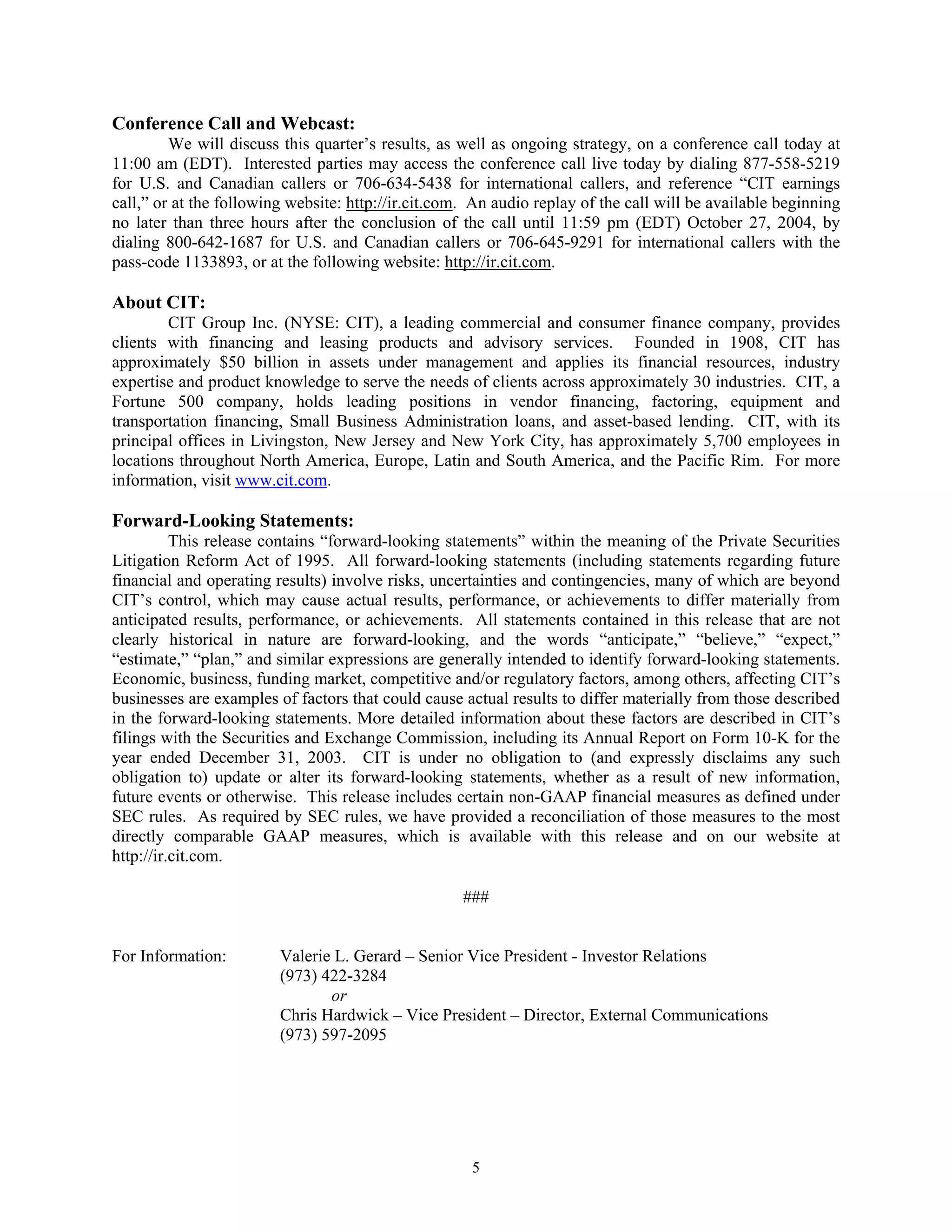 cit PressReleaseSept2004FINALMerged