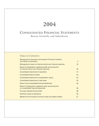 2004
CONSOLIDATED FINANCIAL STATEMENTS
                Boston Scientific and Subsidiaries




TABLE         CONTENTS
         OF

Management’s discussion and analysis of financial condition
and results of operations                                           2
Management’s report on internal control over financial reporting   19
Report of independent registered public accounting firm
on internal control over financial reporting                       20
Consolidated statements of operations                              21
Consolidated balance sheets                                        22
Consolidated statements of stockholders’ equity                    24
Consolidated statements of cash flows                              25
Notes to the consolidated financial statements                     26
Report of independent registered public accounting firm
on consolidated financial statements                               48
Five-year selected financial data                                  49
Quarterly results of operations                                    50
Market for the Company’s common stock and related matters          51
 