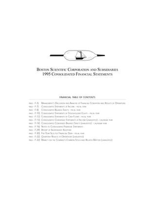BOSTON SCIENTIFIC CORPORATION AND SUBSIDIARIES
          1995 CONSOLIDATED FINANCIAL STATEMENTS




                                 FINANCIAL TABLE OF CONTENTS

     - F-3)    MANAGEMENT’S DISCUSSION AND ANALYSIS OF FINANCIAL CONDITION AND RESULTS OF OPERATIONS
PAGE

PAGE - F-7)    CONSOLIDATED STATEMENTS OF INCOME - FISCAL YEAR
PAGE - F-8)    CONSOLIDATED BALANCE SHEETS - FISCAL YEAR
PAGE - F-10)   CONSOLIDATED STATEMENTS OF STOCKHOLDERS’ EQUITY - FISCAL YEAR
PAGE - F-12)   CONSOLIDATED STATEMENTS OF CASH FLOWS - FISCAL YEAR
PAGE - F-13)   CONSOLIDATED CONDENSED STATEMENTS OF INCOME (UNAUDITED) - CALENDAR YEAR
PAGE - F-14)   CONSOLIDATED CONDENSED BALANCE SHEETS (UNAUDITED) - CALENDAR YEAR
PAGE - F-16)   NOTES TO CONSOLIDATED FINANCIAL STATEMENTS
PAGE - F-29)   REPORT OF INDEPENDENT AUDITORS
PAGE - F-30)   FIVE-YEAR SELECTED FINANCIAL DATA - FISCAL YEAR
PAGE - F-32)   QUARTERLY RESULTS OF OPERATIONS (UNAUDITED)
PAGE - F-32)   MARKET FOR THE COMPANY’S COMMON STOCK AND RELATED MATTERS (UNAUDITED)




                                                   F-1
                              BOSTON SCIENTIFIC CORPORATION AND SUBSIDIARIES
 