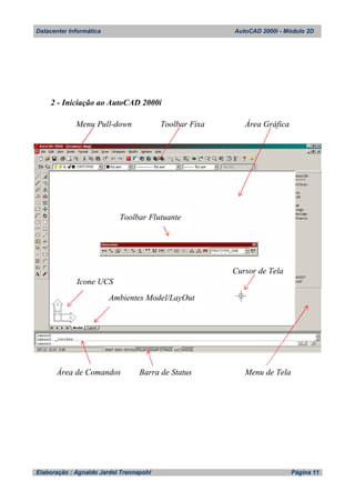 Datacenter Informática AutoCAD 2000i - Módulo 2D
Elaboração : Agnaldo Jardel Trennepohl Página 11
2 - Iniciação ao AutoCAD 2000i
Menu Pull-down Toolbar Fixa Área Gráfica
Área de Comandos Barra de Status Menu de Tela
Icone UCS
Cursor de Tela
Toolbar Flutuante
Ambientes Model/LayOut
 