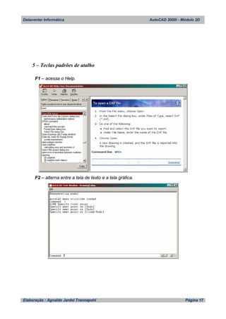 Datacenter Informática AutoCAD 2000i - Módulo 2D
Elaboração : Agnaldo Jardel Trennepohl Página 17
5 – Teclas padrões de atalho
F1 – acessa o Help.
F2 – alterna entre a tela de texto e a tela gráfica.
 