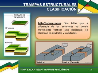 TEMA 3. ROCA SELLO Y TRAMPAS PETROLÍFERAS 23
FallasTranscurrentes: Son fallas que a
diferencia de las anteriores no tienen
movimiento vertical, sino horizontal, se
clasifican en dextrales y sinextrales.
TRAMPAS ESTRUCTURALES
CLASIFICACIÓN
 