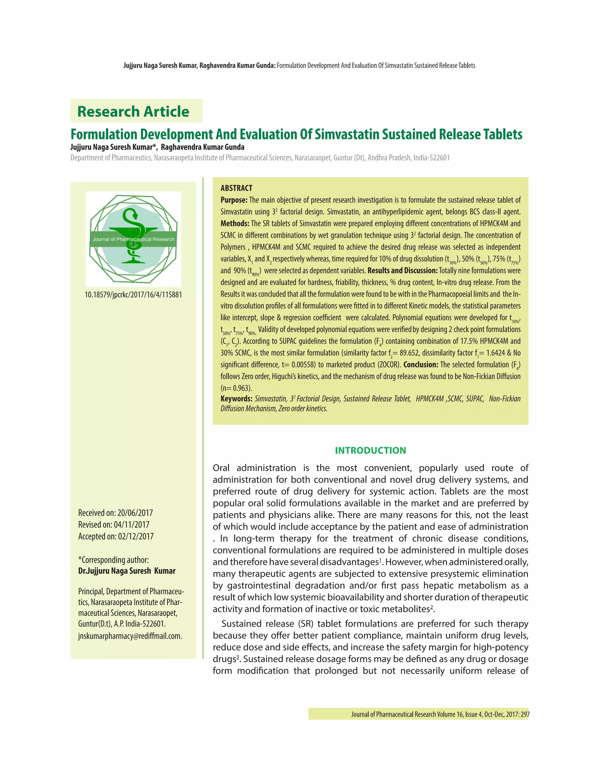 Formulation Development And Evaluation Of Simvastatin Sustained Release ...