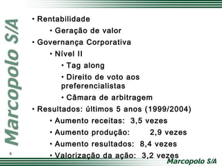 • Rentabilidade
• Geração de valor
• Governança Corporativa
• Nível II
• Tag along
• Direito de voto aos
preferencialistas
• Câmara de arbitragem
• Resultados: últimos 5 anos (1999/2004)
• Aumento receitas: 3,5 vezes
• Aumento produção: 2,9 vezes
• Aumento resultados: 8,4 vezes
• Valorização da ação: 3,2 vezes6
 