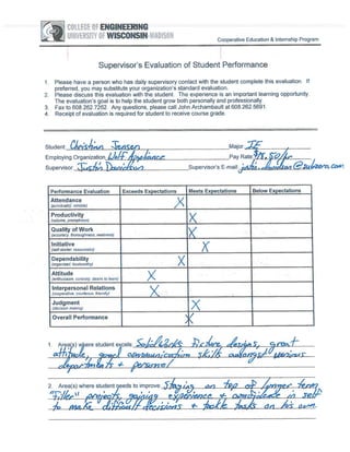 V2IcoLLEaEo,ENGINEERING
UNIVERSITY OF WISCONSIN iADlSON Cooperative Education & Internship Program
Supervisor’s Evaluation of Student Performance
1. Please have a person who has daily supervisory contact with the student complete this evaluation. If
preferred, you may substitute your organization’s standard evaluation.
2. Please discuss this evaluation with the student. The experience is an important learning opportunity.
The evaluation’s goal is to help the student grow both personally and professionally.
3. Fax to 608.262.7262, Any questions, please call John Archambault at 608.262.5691.
4. Receipt of evaluation is required for student to receive course grade.
Student: Major:________________
Employing Organization Pay Rate: JY. Sc2Ji,i
Supervisor: c]i -
2. Area(s) where student 9eeds to improve:
ii I’74 ,AIi2 ci
SlrwrviSor’s E-mail: . 4cn.Li., i4& co.i
Performance Evaluation Exceeds Expectations Meets Expectations Below Expectations
Attendance
(punctuality, reliable,)
Productivity
(volume, promptness)
Quality of Work
(accuracy, thoroughness, neatness)
Initiative
(self-starter; resourceful)
Dependability
(organized, trustworthy)
Attitude
(enthusiasm, curiosity, desire to learn)
Interpersonal Relations
(cooperative, courteous, friendly)
Judgment
(decision making)
Overall Performance
‘%
1. Areaçs) were student ecels: SJ_44 2sP’f... 4y/4M 5, 9
a.’Mfzc4 ci c’cciima,4w, AyJ 1u*r
7ifl&/S
t,”
P
4 ,n4;<;_ -
4/4 c9,1
 