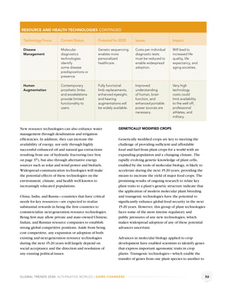 RESOURCE AND HEALTH TECHNOLOGIES CONTINUED

  Technology Focus       Current Status         Potential for 2030      Issues                  Impact

  Disease                Molecular              Genetic sequencing      Costs per individual    Will lead to
  Management             diagnostics            enables more            diagnostic tests        increased life
                         technologies           personalized            must be reduced to      quality, life
                         identify               healthcare.             enable widespread       expectancy, and
                         some disease                                   adoption.               aging societies.
                         predispositions or
                         presence.

  Human                  Contemporary           Fully functional        Improved                Very high
  Augmentation           prosthetic limbs       limb replacements,      understanding           technology
                         and exoskeletons       enhanced eyesight,      of human, brain         costs could
                         provide limited        and hearing             function, and           limit availability
                         functionality to       augmentations will      enhanced portable       to the well off,
                         users.                 be widely available.    power sources are       professional
                                                                        necessary.              athletes, and
                                                                                                military.


New resource technologies can also enhance water             GENETICALLY MODIFIED CROPS
management through desalination and irrigation
efﬁciencies. In addition, they can increase the              Genetically modiﬁed crops are key to meeting the
availability of energy, not only through highly              challenge of providing sufﬁcient and affordable
successful enhanced oil and natural gas extractions          food and fuel from plant crops for a world with an
resulting from use of hydraulic fracturing (see box          expanding population and a changing climate. The
on page 37), but also through alternative energy             rapidly evolving genetic knowledge of plant cells,
sources such as solar and wind power and biofuels.           enabled by the tools of molecular biology, is likely to
Widespread communication technologies will make              accelerate during the next 15-20 years, providing the
the potential effects of these technologies on the           means to increase the yield of major food crops. The
environment, climate, and health well known to               promising results of ongoing research to relate key
increasingly educated populations.                           plant traits to a plant’s genetic structure indicate that
                                                             the application of modern molecular plant breeding
China, India, and Russia—countries that have critical        and transgenic technologies have the potential to
needs for key resources—are expected to realize              signiﬁcantly enhance global food security in the next
substantial rewards in being the ﬁrst countries to           15-20 years. However, this group of plant technologies
commercialize next-generation resource technologies.         faces some of the most intense regulatory and
Being ﬁrst may allow private and state-owned Chinese,        public pressures of any new technologies, which
Indian, and Russian resource companies to establish          makes widespread adoption of any of these potential
strong global competitive positions. Aside from being        advances uncertain.
cost competitive, any expansion or adoption of both
existing and next-generation resource technologies           Advances in molecular biology applied to crop
during the next 15-20 years will largely depend on           development have enabled scientists to identify genes
social acceptance and the direction and resolution of        that express important agronomic traits in crop
any ensuing political issues.                                plants. Transgenic technologies—which enable the
                                                             transfer of genes from one plant species to another to



GLOBAL TRENDS 2030: ALTERNATIVE WORLDS | GAME-CHANGERS                                                                   92
 