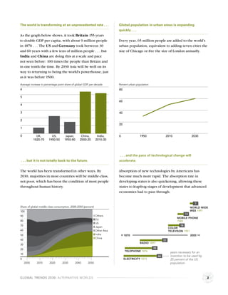 The world is transforming at an unprecedented rate . . .                     Global population in urban areas is expanding
                                                                             quickly . . .
As the graph below shows, it took Britain 155 years
to double GDP per capita, with about 9 million people                        Every year, 65 million people are added to the world’s
in 1870 . . . The US and Germany took between 30                             urban population, equivalent to adding seven cities the
and 60 years with a few tens of million people . . . but                     size of Chicago or ﬁve the size of London annually.
India and China are doing this at a scale and pace
not seen before: 100 times the people than Britain and
in one tenth the time. By 2030 Asia will be well on its
way to returning to being the world’s powerhouse, just
as it was before 1500.
Average increase in percentage point share of global GDP, per decade         Percent urban population
6                                                                            80

5
                                                                             60
4

3                                                                            40

2
                                                                             20
1

0             UK,        US,         Japan,       China,         India,      0                1950                 2010                 2030
            1820-70    1900-50      1950-80      2000-20        2010-30




                                                                             . . . and the pace of technological change will
. . . but it is not totally back to the future.                              accelerate.


The world has been transformed in other ways. By                             Absorption of new technologies by Americans has
2030, majorities in most countries will be middle-class,                     become much more rapid. The absorption rate in
not poor, which has been the condition of most people                        developing states is also quickening, allowing these
throughout human history.                                                    states to leapfrog stages of development that advanced
                                                                             economies had to pass through.


                                                                                                                                          7
Share of global middle-class consumption, 2000-2050 (percent)                                                                           WORLD WIDE
100                                                                                                                                     WEB 1991
                                                                                                                                  13
90                                                              Others
                                                                                                                             MOBILE PHONE
                                                                EU
80                                                                                                                           1983
                                                                US
70                                                                                                                             18
                                                                Japan                                                  COLOR
60                                                              Other Asia                                             TELEVISON 1951
50                                                              India             1870                                                  2000
                                                                China
40                                                                                                                31
                                                                                              RADIO 1897
30
20                                                                                                      35
                                                                                  TELEPHONE 1876                        years necessary for an
10
                                                                                                             46         invention to be used by
0                                                                                 ELECTRICITY 1873                      25 percent of the US
     2000     2010      2020      2030       2040       2050                                                            population



GLOBAL TRENDS 2030: ALTERNATIVE WORLDS                                                                                                            2
 
