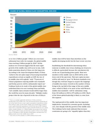 SHARES OF GLOBAL MIDDLE-CLASS CONSUMPTION, 2000-2050

  Percent
  100                                                                                                    Others
                                                                                                         European Union
  90
                                                                                                         United States
  80                                                                                                     Japan
  70                                                                                                     Other Asia
  60                                                                                                     India
                                                                                                         China
  50
  40
  30
  20
  10
  0
        2000             2010             2020             2030                2040         2050
Source: OECD.


so to over 2 billion people.a Others see even more                                    middle class will be faster than elsewhere in the
substantial rises with, for example, the global middle                                rapidly developing world, but the base is now very low.
class reaching 3 billion people by 2030.b All the
analyses we reviewed suggest that the most rapid                                      Establishing the threshold for determining when
growth of the middle class will occur in Asia, with                                   someone is middle class versus climbing out of poverty
India somewhat ahead of China over the long term.                                     is difﬁcult, particularly because the calculations rely
According to the Asian Development Bank, if China                                     on the use of purchasing power parity. Most new
“achieves the new plan target of increasing household                                 members of the middle class in 2030 will be at the
expenditures at least as rapidly as GDP, the size of                                  lower end of the spectrum. Their per capita incomes
its middle class will explode” with “75 percent of                                    will be still rated as “poor” by Western standards even
China’s population enjoying middle-class standards                                    though they will have begun to acquire the trappings
and $2/day poverty will be substantially wiped out.”                                  of middle-class status. Growth in the number of those
Goldman Sachs in its study of the global middle class                                 living in the top half of the range of this new middle
underlined that even not counting China and India,                                    class—which is likely to be more in line with Western
“new [middle class] entrants would still be larger than                               middle-class standards—will be substantial, rising
the world has seen for many decades.” Multiple studies                                from 330 million in 2010 to 679 million in 2030. Much
project that the rate of growth in the size of Africa’s                               of the future global leadership is likely to come from
                                                                                      this segment.
a There are multiple applicable deﬁnitions of what constitutes
membership in the middle class. The International Futures model that we
                                                                                      The rapid growth of the middle class has important
use in this report focuses on per capita consumption expenditures rather
than GDP per capita. In that model, middle-class membership is deﬁned                 implications. Demand for consumer goods, including
as per capita household expenditures of $10-50 per day at PPP. Goldman
                                                                                      cars, rises sharply with the growth of the middle class.
Sachs used a comparable GDP per capita of $6,000-30,000 per year, which
yields a similar estimate of 1.2 billion middle-class people in the world in          The Goldman Sachs study indicated that resource
2010. Kharas (OECD study) calculated the number of those in the middle                constraints are going to be “arguably tighter than they
class at 1.85 billion in 2009; Ravallion (World Bank) calculated that 2.64
billion people were in the middle class in 2005.
b The source for this estimate is a 2008 Goldman Sachs study.




GLOBAL TRENDS 2030: ALTERNATIVE WORLDS | MEGATRENDS                                                                                              9
 
