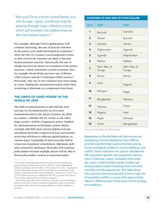 “Not only China and the United States, but                                     COUNTRIES AT HIGH RISK OF STATE FAILURE
 also Europe, Japan, and Russia may be
 passing through major inﬂection points,                                       Rank      2008                        2030

 which will translate into added stress on                                       1                                   Somalia
                                                                                         Burundi
 the international system.”
                                                                                 2       Yemen                       Burundi

For example, although China’s global power will                                  3       Somalia                     Yemen
continue increasing, the rate of increase will slow.
                                                                                 4       Afghanistan                 Uganda
In the power cycle model developed by academics,a
when the rate of a country’s increasing power starts                             5       Uganda                      Afghanistan
to slow or level off, countries are likely to become
fearful and more assertive. Historically, the rate of                            6       Malawi                      Malawi
change has been far slower for transitions in the power                                  Dem. Rep. of                Dem. Rep. of
structure. China’s and India’s current economic rises,                           7
                                                                                         Congo                       Congo
for example, dwarf all the previous ones of Britain
(19th century) and the US and Japan (20th century).b                             8       Kenya                       Kenya
Previously, only one or two countries have been rising
                                                                                 9       Haiti
at a time, shaking the international system rather than                                                              Nigeria
reordering it wholesale in a compressed time frame.
                                                                                10       Ethiopia                    Niger
THE LIMITS OF HARD POWERc IN THE
                                                                                 11      Bangladesh                  Pakistan
WORLD OF 2030

The shift in national power is only half the story                              12       Pakistan                    Chad
and may be overshadowed by an even more
                                                                                13       Nigeria                     Haiti
fundamental shift in the nature of power. By 2030,
no country—whether the US, China, or any other                                  14       Niger                       Ethiopia
large country—will be a hegemonic power. Enabled
                                                                                15       Chad                        Bangladesh
by communications technologies, power almost
certainly will shift more toward multifaceted and                            Source: Sandia National Laboratories.
amorphous networks composed of state and nonstate
actors that will form to inﬂuence global policies on                         Researchers at Sandia National Laboratories are
various issues. Leadership of such networks will be                          developing a Human Resilience Index (HRI) to
a function of position, enmeshment, diplomatic skill,                        provide tools that help explore the links among
and constructive demeanor. Networks will constrain                           human ecological conditions, human resilience, and
policymakers because multiple players will be able to                        conﬂict. Seven indicators are used to calculate the
block policymakers’ actions at numerous points.                              HRI: population growth rate, population density,
                                                                             caloric intake per capita, renewable fresh water
a For further detail regarding the theory and tests of its explanatory       per capita, arable land per capita, median age,
power using the historical record, see Charles F. Doran, Systems in
                                                                             and population health (including infant and child
Crisis, Cambridge University Press, 1991 and Jacob L. Heim, “Tapping the
Power of Structural Change: Power Cycle Theory an Instrument in the          mortality and life expectancy). The table above
Toolbox of National Security Decision-Making,” SAIS Review, Vol 24, No 2,
                                                                             lists countries that are projected to have a high risk
113-27. RAND sponsored a workshop for the NIC on power cycle theory.
b See graphic opposite the Introduction on page 2.                           of instability, conﬂict, or some other type of state
c Hard power generally relates to military, economic, and technological
                                                                             failure in 2030 because of their poor human ecology
prowess. Soft power relates to political, diplomatic, social, and cultural
attainments and values that also garner inﬂuence and the capability to       and resilience.
persuade.



GLOBAL TRENDS 2030: ALTERNATIVE WORLDS | MEGATRENDS                                                                                 18
 