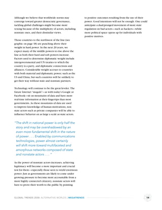 Although we believe that worldwide norms may              to positive outcomes resulting from the use of their
converge toward greater democratic governance,            power. Good intentions will not be enough. One could
tackling global challenges might become more              anticipate a dual-pronged movement of more state
vexing because of the multiplicity of actors, including   regulation on bad actors—such as hackers—while
nonstate ones, and their dissimilar views.                more political space opens up for individuals with
                                                          positive motives.
Those countries to the northwest of the line (see
graphic on page 18) are punching above their
weight in hard power. In the next 20 years, we
expect many of the middle powers to rise above the
line as both their hard and soft powers increase.
Factors used to determine diplomatic weight include
intergovernmental and UN treaties to which the
country is a party, and diplomatic connections and
alliances. Considerable weight accrues to countries
with both material and diplomatic power, such as the
US and China, but such countries will be unlikely to
get their way without state and nonstate partners.

Technology will continue to be the great leveler. The
future Internet “moguls”—as with today’s Google or
Facebook—sit on mountains of data and have more
real-time information at their ﬁngertips than most
governments. As these mountains of data are used
to improve knowledge of human motivations, non
state actors such as private companies will be able to
inﬂuence behavior on as large a scale as state actors.


“The shift in national power is only half the
 story and may be overshadowed by an
 even more fundamental shift in the nature
 of power . . . Enabled by communications
 technologies, power almost certainly
 will shift more toward multifaceted and
 amorphous networks composed of state
 and nonstate actors . . . “

As the power of nonstate actors increases, achieving
legitimacy will become a more important and crucial
test for them—especially those seen to wield enormous
power. Just as governments are likely to come under
growing pressure to become more accountable from a
more highly connected citizenry, nonstate actors will
have to prove their worth to the public by pointing



GLOBAL TRENDS 2030: ALTERNATIVE WORLDS | MEGATRENDS                                                          19
 