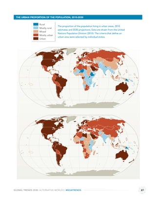 THE URBAN PROPORTION OF THE POPULATION, 2010-2030


                   Rural
                                  The proportion of the population living in urban areas, 2010
                   Mostly rural
                                  estimates and 2030 projections. Data are drawn from the United
                   Mixed
                                  Nations Population Division (2010). The criteria that define an
                   Mostly urban
                                  urban area were selected by individual states.
                   Urban




GLOBAL TRENDS 2030: ALTERNATIVE WORLDS | MEGATRENDS                                                 27
 