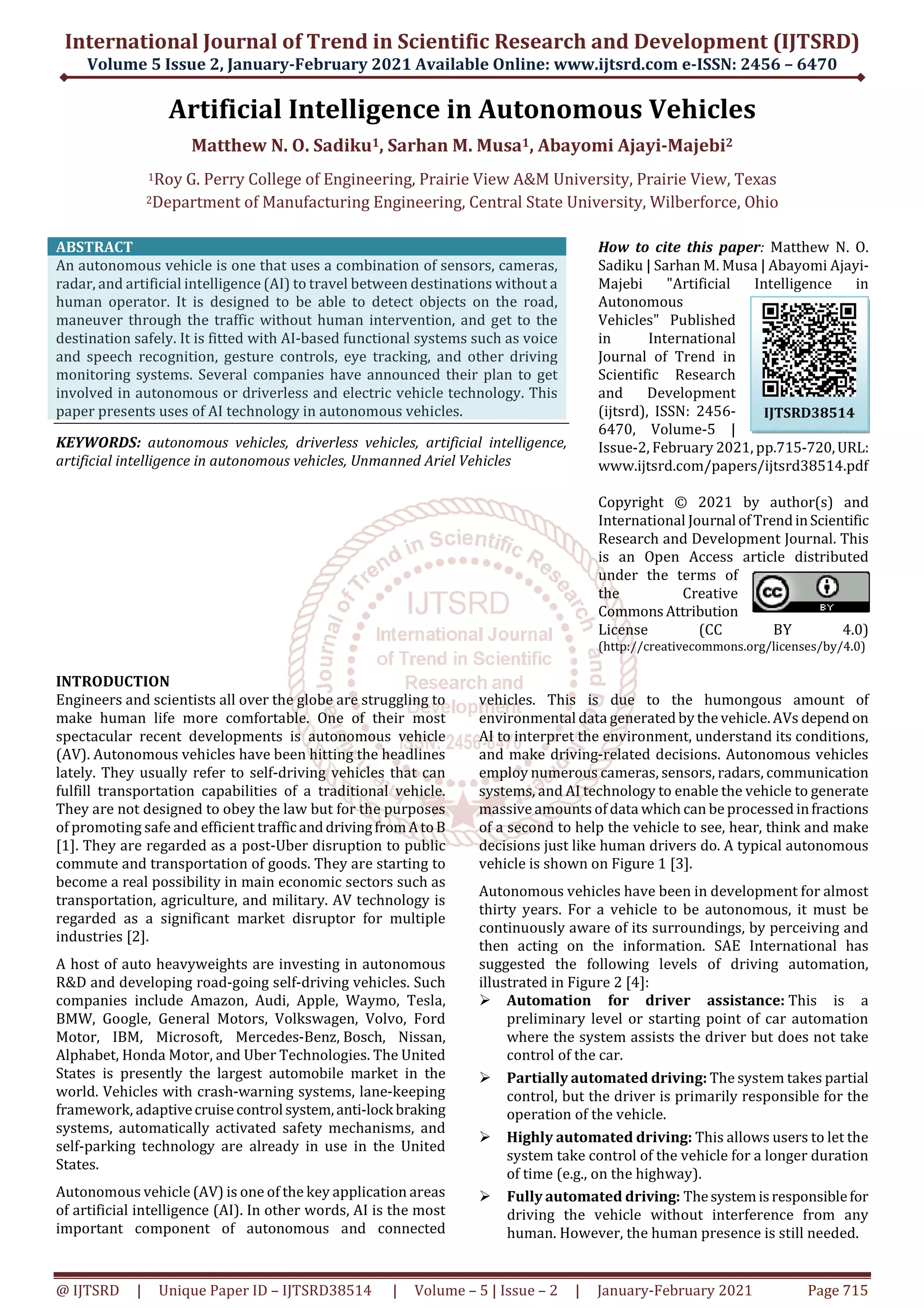 Artificial Intelligence in Autonomous Vehicles | PDF