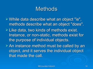 Methods While data describe what an object "is", methods describe what an object "does".  Like data, two kinds of methods exist. Instance, or non-static, methods exist for the purpose of individual objects. An instance method must be called by an object, and it serves the individual object that made the call. 