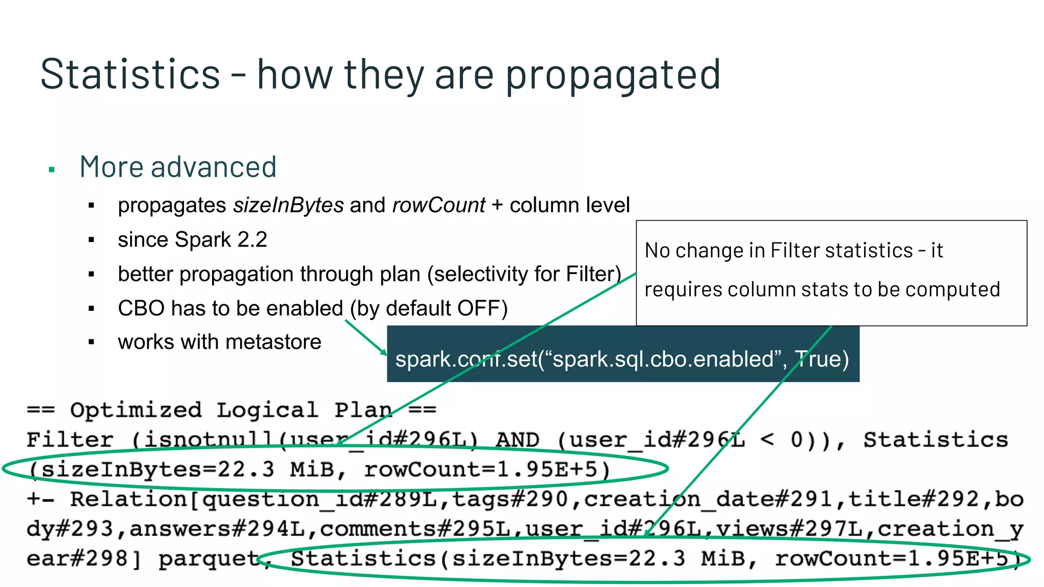 spark.conf.set(“spark.sql.cbo.enabled”, True) Statistics - how they are propagated ▪ More advanced ▪ propagates sizeInBytes and rowCount + column level ▪ since Spark 2.2 ▪ better propagation through plan (selectivity for Filter) ▪ CBO has to be enabled (by default OFF) ▪ works with metastore No change in Filter statistics - it requires column stats to be computed 