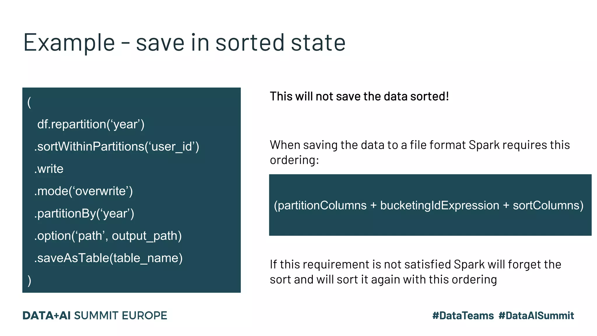 Example - save in sorted state ( df.repartition(‘year’) .sortWithinPartitions(‘user_id’) .write .mode(‘overwrite’) .partitionBy(‘year’) .option(‘path’, output_path) .saveAsTable(table_name) ) This will not save the data sorted! When saving the data to a file format Spark requires this ordering: (partitionColumns + bucketingIdExpression + sortColumns) If this requirement is not satisfied Spark will forget the sort and will sort it again with this ordering 