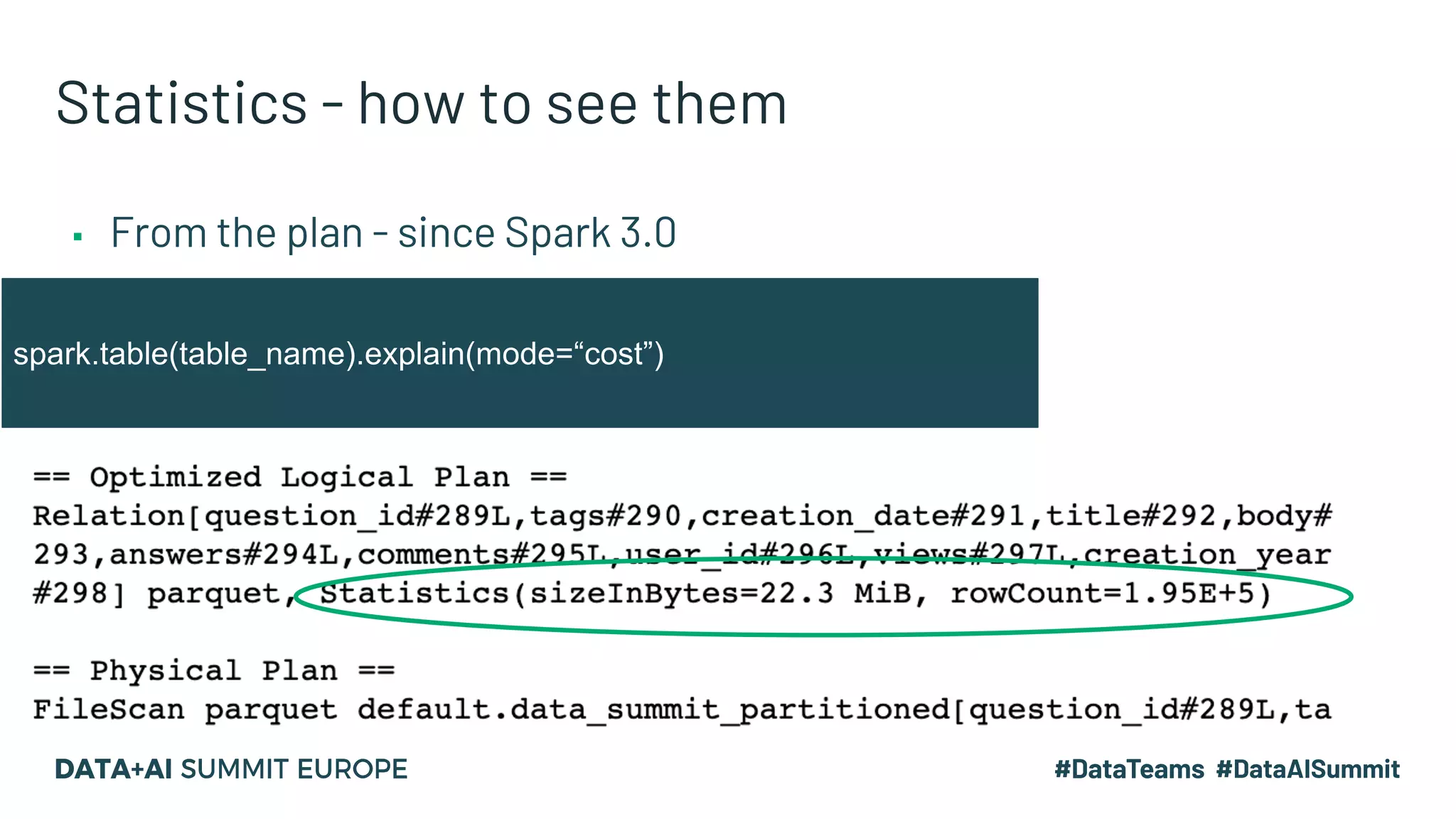 Statistics - how to see them ▪ From the plan - since Spark 3.0 spark.table(table_name).explain(mode=“cost”) 