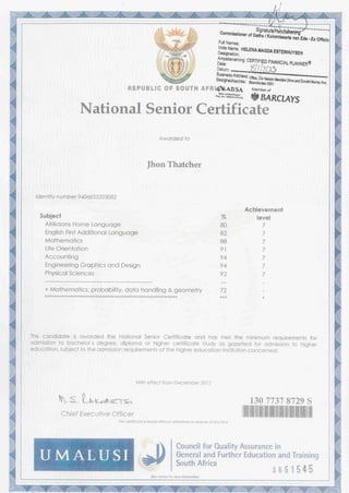 National Senior Certificate Jhon Thatcher