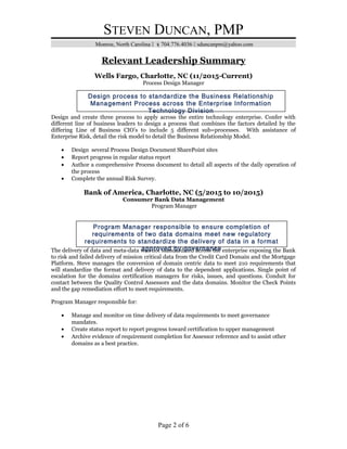 STEVEN DUNCAN, PMP
Monroe, North Carolina  704.776.4036  sduncanpm@yahoo.com
Relevant Leadership Summary
Wells Fargo, Charlotte, NC (11/2015-Current)
Process Design Manager
Design and create three process to apply across the entire technology enterprise. Confer with
different line of business leaders to design a process that combines the factors detailed by the
differing Line of Business CIO’s to include 5 different sub=processes. With assistance of
Enterprise Risk, detail the risk model to detail the Business Relationship Model.
• Design several Process Design Document SharePoint sites
• Report progress in regular status report
• Author a comprehensive Process document to detail all aspects of the daily operation of
the process
• Complete the annual Risk Survey.
Bank of America, Charlotte, NC (5/2015 to 10/2015)
Consumer Bank Data Management
Program Manager
The delivery of data and meta-data was not standardized across the enterprise exposing the Bank
to risk and failed delivery of mission critical data from the Credit Card Domain and the Mortgage
Platform. Steve manages the conversion of domain centric data to meet 210 requirements that
will standardize the format and delivery of data to the dependent applications. Single point of
escalation for the domains certification managers for risks, issues, and questions. Conduit for
contact between the Quality Control Assessors and the data domains. Monitor the Check Points
and the gap remediation effort to meet requirements.
Program Manager responsible for:
• Manage and monitor on time delivery of data requirements to meet governance
mandates.
• Create status report to report progress toward certification to upper management
• Archive evidence of requirement completion for Assessor reference and to assist other
domains as a best practice.
Page 2 of 6
Design process to standardize the Business Relationship
Management Process across the Enterprise Information
Technology Division
Program Manager responsible to ensure completion of
requirements of two data domains meet new regulatory
requirements to standardize the delivery of data in a format
approved by governance
 