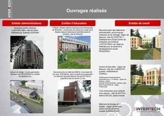 Entités administratives
Ouvrages réalisés
Business centre «Avenue
LIGOVSKI 266»: ville de Saint-
Pétersbourg, Avenue LIGOVSKI
FGBUK «Musée-réserve historique et architecturale
de RIAZAN», construction du centre de musée de la
Musée-réserve historique et architecturale de
RIAZAN, ville de RIAZAN
Reconstruction des bâtiments
administratifs, économiques,
médicaux et de ménage: région de
Moscou, ville de TROITSK-1,
Etablissement d’Etat Centre de
protection de l'enfance
«VATOUTINKI» de l’Agence
fédérale pour la santé et le
développement social
ROSZDRAV.
Maison du clergé. L'école paroissiale :
Moscou, rue PRIOZERNAYA, localité
TCHERKIZOVO.
Reconstruction du bâtiment MBOU «Gymnase №
16» pour 1625 élèves, dans la partie de construction
du bâtiment éducatif attaché ville de MYTISCHI,
superficie total du terrain 3,3 ha
Centre de bien-être : région de
Moscou, ville de LYUBERTSY,
quartier «KRASNAYA
GORKA».
Entités d’éducation
Établissement d'enseignement
préscolaire pour 115 places : région de
Moscou, district
SOLNETCHNOGORSKI, localité rurale
KOUTOUZOVSKOE, village
PODOLINO.
Entités de santé
Bâtiment de Bureau de 3
étages : région de Moscou,
district SCHELKOVSKI,
localité SVERDLOVSKI.
Club d'animation pour enfants
avec piscine : ville de SOTCHI,
district ADLER, plaine Imereti
 