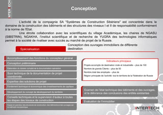 Conception
L'activité de la compagnie SA "Systèmes de Construction Sibériens" est concentrée dans le
domaine de la construction des bâtiments et des structures des niveaux I et II de responsabilité conformément
à la norme de l'Etat.
Une étroite collaboration avec les scientifiques du village Académique, les chaires de NGASU
(SIBSTRIN), NGAKHA, l’institut scientifique et de recherche de YUGRA des technologies informatiques
permet à la société de rivaliser avec succès au marché de projet de la Russie.
Développement du concept de développement du territoire
Spécialisation
Conception des ouvrages immobiliers de différente
destination
Projets accomplis de destination civile et industrielle – plus de 100
Nombre de grands Clients – plus de 50
Nombre total des employés – plus de
Région principale de l’activité: tout le territoire de la Fédération de Russie
Indicateurs principaux
Accomplissement des fonctions du concepteur général
Expertise des solutions de projet
Suivi technique de la documentation de projet
coordonnée
Elaboration du dossier complet de la documentation opératoire
Evaluation de l’immobilier
Fondement technique et économique des investissements de capitaux
Conception préliminaire
Examen de l’état technique des bâtiments et des ouvrages,
et la délivrance des conclusions des entités existantes
Essais en grandeur des structures de construction, des bâtiments et des ouvrages par
la méthode microsismique.
Conseils techniques et la supervision d’auteur à toutes
les étapes des travaux de construction
 