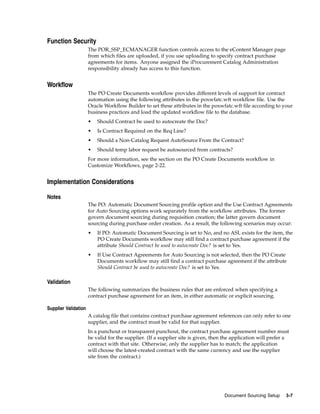 Function Security
                      The POR_SSP_ECMANAGER function controls access to the eContent Manager page
                      from which files are uploaded, if you use uploading to specify contract purchase
                      agreements for items. Anyone assigned the iProcurement Catalog Administration
                      responsibility already has access to this function.


Workflow
                      The PO Create Documents workflow provides different levels of support for contract
                      automation using the following attributes in the poxwfatc.wft workflow file. Use the
                      Oracle Workflow Builder to set these attributes in the poxwfatc.wft file according to your
                      business practices and load the updated workflow file to the database.
                      •   Should Contract be used to autocreate the Doc?
                      •   Is Contract Required on the Req Line?
                      •   Should a Non-Catalog Request AutoSource From the Contract?
                      •   Should temp labor request be autosourced from contracts?
                      For more information, see the section on the PO Create Documents workflow in
                      Customize Workflows, page 2-22.


Implementation Considerations

Notes
                      The PO: Automatic Document Sourcing profile option and the Use Contract Agreements
                      for Auto Sourcing options work separately from the workflow attributes. The former
                      govern document sourcing during requisition creation; the latter govern document
                      sourcing during purchase order creation. As a result, the following scenarios may occur:
                      •   If PO: Automatic Document Sourcing is set to No, and no ASL exists for the item, the
                          PO Create Documents workflow may still find a contract purchase agreement if the
                          attribute Should Contract be used to autocreate Doc? is set to Yes.
                      •   If Use Contract Agreements for Auto Sourcing is not selected, then the PO Create
                          Documents workflow may still find a contract purchase agreement if the attribute
                          Should Contract be used to autocreate Doc? is set to Yes.

Validation
                      The following summarizes the business rules that are enforced when specifying a
                      contract purchase agreement for an item, in either automatic or explicit sourcing.

Supplier Validation
                      A catalog file that contains contract purchase agreement references can only refer to one
                      supplier, and the contract must be valid for that supplier.
                      In a punchout or transparent punchout, the contract purchase agreement number must
                      be valid for the supplier. (If a supplier site is given, then the application will prefer a
                      contract with that site. Otherwise, only the supplier has to match; the application
                      will choose the latest-created contract with the same currency and use the supplier
                      site from the contract.)




                                                                                   Document Sourcing Setup     3-7
 