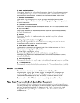 2 Oracle Applications Setup
             This chapter describes the technical implementation steps for Oracle iProcurement that
             would be performed by a database administrator, system administrator, or technical
             implementation team member. These steps are completed in Oracle Applications.
             3 Document Sourcing Setup
             This chapter provides an overview of the document sourcing options in Oracle
             iProcurement. It also includes instructions for setting up contract purchase agreements
             as source documents.
             4 Catalog Setup and Management
             This chapter provides a complete overview and setup of the Oracle iProcurement catalog.
             5 Requisitions Setup
             This chapter describes the implementation steps specific to requisitioning (ordering)
             in Oracle iProcurement.
             6 Receipts
             This chapter describes the implementation steps specific to receiving in Oracle
             iProcurement.
             A Using a Spreadsheet to Load Catalog Data
             This appendix explains how to create and load your catalog items into the Oracle
             iProcurement catalog using the spreadsheet loader.
             B Using XML to Load Catalog Data
             This appendix explains how to create and load your catalog items into the Oracle
             iProcurement catalog using the XML loader.
             C Using XML to Load Catalog Schema
             This appendix explains how to create and load your catalog schema
             (categories, descriptors, and category hierarchy) into Oracle iProcurement’s catalog
             using the XML loader.
             D Search Engine Logic
             This appendix describes the search engine in detail, including setup impact on searching.
             E PO History Feed File
             This appendix contains detailed information about the PO reconciliation history feed file.


Related Documents
             You can choose from many sources of information, including online
             documentation, training, and support services, to increase your knowledge and
             understanding of Oracle iProcurement. If this guide refers you to other Oracle
             Applications documentation, use only the Release 11i versions of those guides.
             Documentation on OracleMetaLink can be found at http://metalink.oracle.com.


About Oracle iProcurement in Oracle Supply Chain Management
             For information about new features in this release, instructions for applying patches, new
             and changed setup steps, descriptions of software updates, and updated implementation
             and user documentation, refer to the document About Oracle iProcurement in Oracle
             Supply Chain Management for your current release. This document is available on
             OracleMetaLink.




xii
 