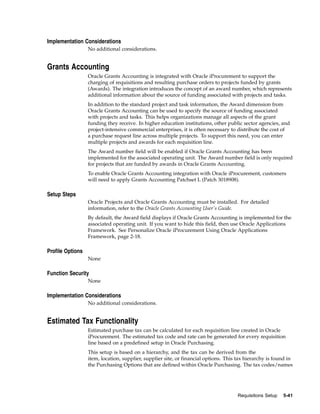 Implementation Considerations
                  No additional considerations.


Grants Accounting
                  Oracle Grants Accounting is integrated with Oracle iProcurement to support the
                  charging of requisitions and resulting purchase orders to projects funded by grants
                  (Awards). The integration introduces the concept of an award number, which represents
                  additional information about the source of funding associated with projects and tasks.
                  In addition to the standard project and task information, the Award dimension from
                  Oracle Grants Accounting can be used to specify the source of funding associated
                  with projects and tasks. This helps organizations manage all aspects of the grant
                  funding they receive. In higher education institutions, other public sector agencies, and
                  project-intensive commercial enterprises, it is often necessary to distribute the cost of
                  a purchase request line across multiple projects. To support this need, you can enter
                  multiple projects and awards for each requisition line.
                  The Award number field will be enabled if Oracle Grants Accounting has been
                  implemented for the associated operating unit. The Award number field is only required
                  for projects that are funded by awards in Oracle Grants Accounting.
                  To enable Oracle Grants Accounting integration with Oracle iProcurement, customers
                  will need to apply Grants Accounting Patchset L (Patch 3018908).

Setup Steps
                  Oracle Projects and Oracle Grants Accounting must be installed. For detailed
                  information, refer to the Oracle Grants Accounting User’s Guide.
                  By default, the Award field displays if Oracle Grants Accounting is implemented for the
                  associated operating unit. If you want to hide this field, then use Oracle Applications
                  Framework. See Personalize Oracle iProcurement Using Oracle Applications
                  Framework, page 2-18.

Profile Options
                  None

Function Security
                  None

Implementation Considerations
                  No additional considerations.


Estimated Tax Functionality
                  Estimated purchase tax can be calculated for each requisition line created in Oracle
                  iProcurement. The estimated tax code and rate can be generated for every requisition
                  line based on a predefined setup in Oracle Purchasing.
                  This setup is based on a hierarchy, and the tax can be derived from the
                  item, location, supplier, supplier site, or financial options. This tax hierarchy is found in
                  the Purchasing Options that are defined within Oracle Purchasing. The tax codes/names




                                                                                      Requisitions Setup   5-41
 