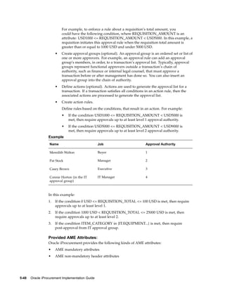 For example, to enforce a rule about a requisition’s total amount, you
                           could have the following condition, where REQUISITION_AMOUNT is an
                           attribute: USD1000 <= REQUISITION_AMOUNT < USD5000. In this example, a
                           requisition initiates this approval rule when the requisition total amount is
                           greater than or equal to 1000 USD and under 5000 USD.
                       •   Create approval groups (optional). An approval group is an ordered set or list of
                           one or more approvers. For example, an approval rule can add an approval
                           group’s members, in order, to a transaction’s approval list. Typically, approval
                           groups represent functional approvers outside a transaction’s chain of
                           authority, such as finance or internal legal counsel, that must approve a
                           transaction before or after management has done so. You can also insert an
                           approval group into the chain of authority.
                       •   Define actions (optional). Actions are used to generate the approval list for a
                           transaction. If a transaction satisfies all conditions in an action rule, then the
                           associated actions are processed to generate the approval list.
                       •   Create action rules.
                           Define rules based on the conditions, that result in an action. For example:
                           •   If the condition USD1000 <= REQUISITION_AMOUNT < USD5000 is
                               met, then require approvals up to at least level 1 approval authority.
                           •   If the condition USD5000 <= REQUISITION_AMOUNT < USD9000 is
                               met, then require approvals up to at least level 2 approval authority.
                  Example
                  Name                            Job                             Approval Authority

                  Meredith Walton                 Buyer                           1

                  Pat Stock                       Manager                         2

                  Casey Brown                     Executive                       3

                  Connie Horton (in the IT        IT Manager                      4
                  approval group)



                  In this example:
                  1.   If the condition 0 USD <= REQUISITION_TOTAL <= 100 USD is met, then require
                       approvals up to at least level 1.
                  2.   If the condition 1000 USD < REQUISITION_TOTAL <= 25000 USD is met, then
                       require approvals up to at least level 2.
                  3.   If the condition ITEM_CATEGORY in {IT.EQUIPMENT...} is met, then require
                       post-approval from IT approval group.

                  Provided AME Attributes:
                  Oracle iProcurement provides the following kinds of AME attributes:
                  •    AME mandatory attributes
                  •    AME non-mandatory header attributes




5-48   Oracle iProcurement Implementation Guide
 
