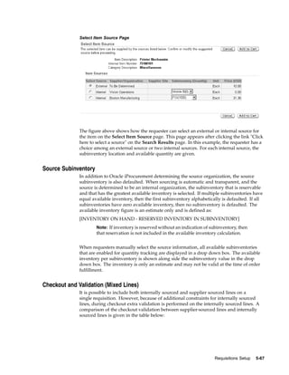 Select Item Source Page




              The figure above shows how the requester can select an external or internal source for
              the item on the Select Item Source page. This page appears after clicking the link "Click
              here to select a source" on the Search Results page. In this example, the requester has a
              choice among an external source or two internal sources. For each internal source, the
              subinventory location and available quantity are given.


Source Subinventory
              In addition to Oracle iProcurement determining the source organization, the source
              subinventory is also defaulted. When sourcing is automatic and transparent, and the
              source is determined to be an internal organization, the subinventory that is reservable
              and that has the greatest available inventory is selected. If multiple subinventories have
              equal available inventory, then the first subinventory alphabetically is defaulted. If all
              subinventories have zero available inventory, then no subinventory is defaulted. The
              available inventory figure is an estimate only and is defined as:
              [INVENTORY ON HAND - RESERVED INVENTORY IN SUBINVENTORY]
                      Note: If inventory is reserved without an indication of subinventory, then
                      that reservation is not included in the available inventory calculation.


              When requesters manually select the source information, all available subinventories
              that are enabled for quantity tracking are displayed in a drop down box. The available
              inventory per subinventory is shown along side the subinventory value in the drop
              down box. The inventory is only an estimate and may not be valid at the time of order
              fulfillment.


Checkout and Validation (Mixed Lines)
              It is possible to include both internally sourced and supplier sourced lines on a
              single requisition. However, because of additional constraints for internally sourced
              lines, during checkout extra validation is performed on the internally sourced lines. A
              comparison of the checkout validation between supplier-sourced lines and internally
              sourced lines is given in the table below:




                                                                                Requisitions Setup   5-67
 