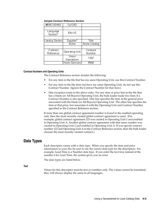 Sample Contract Reference Section




Contract Numbers and Operating Units
                  The Contract Reference section dictates the following:
                 •   For any item in the file that has my same Operating Unit, use this Contract Number.
                 •   For any item in the file does not have my same Operating Unit, do not use this
                     Contract Number. (Ignore the Contract Number for that item.)
                 •   One exception exists to the above rules. For any item or price line in the file that
                     has a blank (or All-Buyers) Operating Unit, the bulk loader loads two lines if a
                     Contract Number is also specified. One line specifies the item at the general price
                     associated with the blank (or All-Buyers) Operating Unit. The other line specifies the
                     item at that price, but associates it with the Operating Unit and Contract Number
                     specified in the Contract Reference section.
                 If more than one global contract agreement number is found in the enabled operating
                 unit, then the most recently created global contract agreement is used. (For
                 example, global contract agreement 123 was created in Operating Unit 1 and enabled
                 in Operating Unit A. Another global contract agreement with that same number was
                 created in Operating Unit 2 and enabled in Operating Unit A. If you specify contract
                 number 123 and Operating Unit A in the Contract Reference section, then the bulk loader
                 chooses the most recently created contract.)


Data Types
                 Each descriptor comes with a data type. When you specify the item and price
                 information in your file, be sure to use the correct data type for the descriptors. For
                 example, Lead Time is a Number data type. If you enter the text four instead of the
                 number 4 for Lead Time, the system gives you an error.
                 The data types are listed below.

Text
                 Values for this descriptor must be text or numbers only. The values cannot be translated;
                 they will always display the same in all languages.




                                                              Using a Spreadsheet to Load Catalog Data     A-9
 
