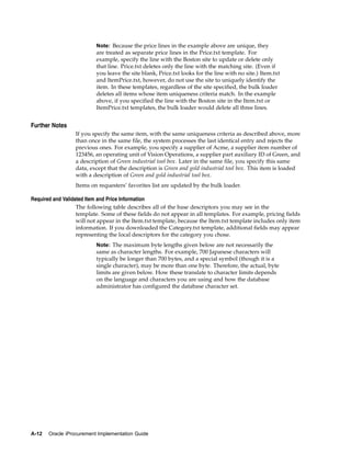 Note: Because the price lines in the example above are unique, they
                          are treated as separate price lines in the Price.txt template. For
                          example, specify the line with the Boston site to update or delete only
                          that line. Price.txt deletes only the line with the matching site. (Even if
                          you leave the site blank, Price.txt looks for the line with no site.) Item.txt
                          and ItemPrice.txt, however, do not use the site to uniquely identify the
                          item. In these templates, regardless of the site specified, the bulk loader
                          deletes all items whose item uniqueness criteria match. In the example
                          above, if you specified the line with the Boston site in the Item.txt or
                          ItemPrice.txt templates, the bulk loader would delete all three lines.


Further Notes
                  If you specify the same item, with the same uniqueness criteria as described above, more
                  than once in the same file, the system processes the last identical entry and rejects the
                  previous ones. For example, you specify a supplier of Acme, a supplier item number of
                  123456, an operating unit of Vision Operations, a supplier part auxiliary ID of Green, and
                  a description of Green industrial tool box. Later in the same file, you specify this same
                  data, except that the description is Green and gold industrial tool box. This item is loaded
                  with a description of Green and gold industrial tool box.
                  Items on requesters’ favorites list are updated by the bulk loader.

Required and Validated Item and Price Information
                   The following table describes all of the base descriptors you may see in the
                   template. Some of these fields do not appear in all templates. For example, pricing fields
                   will not appear in the Item.txt template, because the Item.txt template includes only item
                   information. If you downloaded the Category.txt template, additional fields may appear
                   representing the local descriptors for the category you chose.
                          Note: The maximum byte lengths given below are not necessarily the
                          same as character lengths. For example, 700 Japanese characters will
                          typically be longer than 700 bytes, and a special symbol (though it is a
                          single character), may be more than one byte. Therefore, the actual, byte
                          limits are given below. How these translate to character limits depends
                          on the language and characters you are using and how the database
                          administrator has configured the database character set.




A-12   Oracle iProcurement Implementation Guide
 