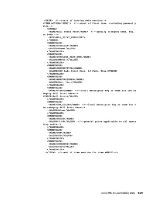 <DATA> <!--start of catalog data section-->
<ITEM ACTION="SYNC"> <!--start of first item, including general p
rice-->
   <OWNER>
    <NAME>Ball Point Pens</NAME> <!--specify category name, key,
or both -->
    <KEY>BALL_POINT_PENS</KEY>
   </OWNER>
   <NAMEVALUE>
    <NAME>SUPPLIER</NAME>
    <VALUE>Acme</VALUE>
   </NAMEVALUE>
   <NAMEVALUE>
    <NAME>SUPPLIER_PART_NUM</NAME>
    <VALUE>MW9001</VALUE>
   </NAMEVALUE>
   <NAMEVALUE>
    <NAME>DESCRIPTION</NAME>
    <VALUE>BIC Ball Point Pens, 12 Pack, Blue</VALUE>
   </NAMEVALUE>
   <NAMEVALUE>
    <NAME>MANUFACTURER</NAME>
    <VALUE>Bic, Inc.</VALUE>
   </NAMEVALUE>
   <NAMEVALUE>
    <NAME>TYPE</NAME> <!--local descriptor key or name for the ca
tegory Ball Point Pens-->
<VALUE>Ball Point</VALUE>
   </NAMEVALUE>
   <NAMEVALUE>
    <NAME>INK_COLOR</NAME> <!--local descriptor key or name for t
he category Ball Point Pens-->
    <VALUE>Blue</VALUE>
   </NAMEVALUE>
   <NAMEVALUE>
    <NAME>PRICE</NAME>
    <VALUE>3.99</VALUE> <!--general price applicable to all opera
ting units-->
   </NAMEVALUE>
   <NAMEVALUE>
    <NAME>UOM</NAME>
    <VALUE>DZ</VALUE>
   </NAMEVALUE>
   <NAMEVALUE>
    <NAME>CURRENCY</NAME>
    <VALUE>USD</VALUE>
   </NAMEVALUE>
  </ITEM> <!--end of item section for item MW9001-->




                                        Using XML to Load Catalog Data   B-29
 