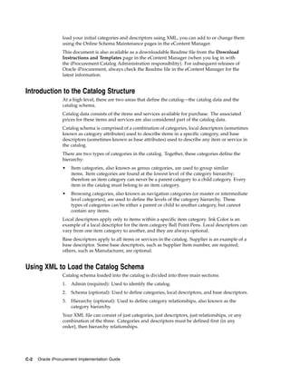 load your initial categories and descriptors using XML, you can add to or change them
                  using the Online Schema Maintenance pages in the eContent Manager.
                  This document is also available as a downloadable Readme file from the Download
                  Instructions and Templates page in the eContent Manager (when you log in with
                  the iProcurement Catalog Administration responsibility). For subsequent releases of
                  Oracle iProcurement, always check the Readme file in the eContent Manager for the
                  latest information.


Introduction to the Catalog Structure
                  At a high level, there are two areas that define the catalog—the catalog data and the
                  catalog schema.
                  Catalog data consists of the items and services available for purchase. The associated
                  prices for these items and services are also considered part of the catalog data.
                  Catalog schema is comprised of a combination of categories, local descriptors (sometimes
                  known as category attributes) used to describe items in a specific category, and base
                  descriptors (sometimes known as base attributes) used to describe any item or service in
                  the catalog.
                  There are two types of categories in the catalog. Together, these categories define the
                  hierarchy:
                  •    Item categories, also known as genus categories, are used to group similar
                       items. Item categories are found at the lowest level of the category hierarchy;
                       therefore an item category can never be a parent category to a child category. Every
                       item in the catalog must belong to an item category.
                  •    Browsing categories, also known as navigation categories (or master or intermediate
                       level categories), are used to define the levels of the category hierarchy. These
                       types of categories can be either a parent or child to another category, but cannot
                       contain any items.
                  Local descriptors apply only to items within a specific item category. Ink Color is an
                  example of a local descriptor for the item category Ball Point Pens. Local descriptors can
                  vary from one item category to another, and they are always optional.
                  Base descriptors apply to all items or services in the catalog. Supplier is an example of a
                  base descriptor. Some base descriptors, such as Supplier Item number, are required;
                  others, such as Manufacturer, are optional.


Using XML to Load the Catalog Schema
                  Catalog schema loaded into the catalog is divided into three main sections:
                  1.   Admin (required): Used to identify the catalog.
                  2.   Schema (optional): Used to define categories, local descriptors, and base descriptors.
                  3.   Hierarchy (optional): Used to define category relationships, also known as the
                       category hierarchy.
                  Your XML file can consist of just categories, just descriptors, just relationships, or any
                  combination of the three. Categories and descriptors must be defined first (in any
                  order), then hierarchy relationships.




C-2   Oracle iProcurement Implementation Guide
 