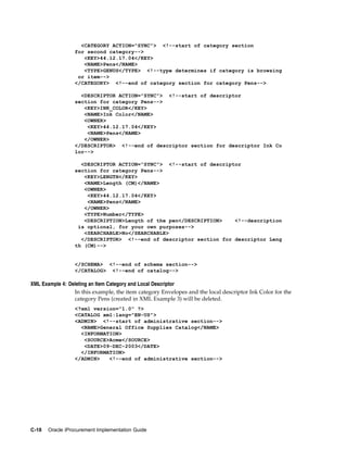 <CATEGORY ACTION="SYNC"> <!--start of category section
                 for second category-->
                    <KEY>44.12.17.04</KEY>
                    <NAME>Pens</NAME>
                    <TYPE>GENUS</TYPE> <!--type determines if category is browsing
                  or item-->
                 </CATEGORY> <!--end of category section for category Pens-->

                   <DESCRIPTOR ACTION="SYNC"> <!--start of descriptor
                 section for category Pens-->
                    <KEY>INK_COLOR</KEY>
                    <NAME>Ink Color</NAME>
                    <OWNER>
                     <KEY>44.12.17.04</KEY>
                     <NAME>Pens</NAME>
                    </OWNER>
                 </DESCRIPTOR> <!--end of descriptor section for descriptor Ink Co
                 lor-->

                   <DESCRIPTOR ACTION="SYNC"> <!--start of descriptor
                 section for category Pens-->
                    <KEY>LENGTH</KEY>
                    <NAME>Length (CM)</NAME>
                    <OWNER>
                     <KEY>44.12.17.04</KEY>
                     <NAME>Pens</NAME>
                    </OWNER>
                    <TYPE>Number</TYPE>
                    <DESCRIPTION>Length of the pen</DESCRIPTION>   <!--description
                  is optional, for your own purposes-->
                    <SEARCHABLE>No</SEARCHABLE>
                   </DESCRIPTOR> <!--end of descriptor section for descriptor Leng
                 th (CM)-->


                 </SCHEMA> <!--end of schema section-->
                 </CATALOG> <!--end of catalog-->

XML Example 4: Deleting an Item Category and Local Descriptor
                 In this example, the item category Envelopes and the local descriptor Ink Color for the
                 category Pens (created in XML Example 3) will be deleted.
                 <?xml version="1.0" ?>
                 <CATALOG xml:lang="EN-US">
                 <ADMIN> <!--start of administrative section-->
                   <NAME>General Office Supplies Catalog</NAME>
                   <INFORMATION>
                    <SOURCE>Acme</SOURCE>
                    <DATE>09-DEC-2003</DATE>
                   </INFORMATION>
                 </ADMIN>   <!--end of administrative section-->




C-18   Oracle iProcurement Implementation Guide
 