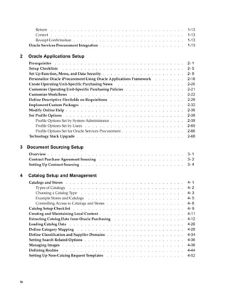 Return . . . . . . . . . . . . .       .   .   .   .   .   .   .   .   .   .   .   .   .   .   .   .   .   .   .   .   .   .   .   1-13
        Correct . . . . . . . . . . . . .      .   .   .   .   .   .   .   .   .   .   .   .   .   .   .   .   .   .   .   .   .   .   .   1-13
        Receipt Confirmation . . . . . . .     .   .   .   .   .   .   .   .   .   .   .   .   .   .   .   .   .   .   .   .   .   .   .   1-13
     Oracle Services Procurement Integration   .   .   .   .   .   .   .   .   .   .   .   .   .   .   .   .   .   .   .   .   .   .   .   1-13


2    Oracle Applications Setup
     Prerequisites . . . . . . . . . . . . . . . . . . . . . . . . . . .                                   .   .   .   .   .   .   .   .   2- 1
     Setup Checklists . . . . . . . . . . . . . . . . . . . . . . . . .                                    .   .   .   .   .   .   .   .   2- 5
     Set Up Function, Menu, and Data Security . . . . . . . . . . . . . .                                  .   .   .   .   .   .   .   .   2- 8
     Personalize Oracle iProcurement Using Oracle Applications Framework                                   .   .   .   .   .   .   .   .   2-18
     Create Operating Unit-Specific Purchasing News       . . . . . . . . . .                              .   .   .   .   .   .   .   .   2-20
     Customize Operating Unit-Specific Purchasing Policies . . . . . . . .                                 .   .   .   .   .   .   .   .   2-21
     Customize Workflows . . . . . . . . . . . . . . . . . . . . . . .                                     .   .   .   .   .   .   .   .   2-22
     Define Descriptive Flexfields on Requisitions . . . . . . . . . . . .                                 .   .   .   .   .   .   .   .   2-29
     Implement Custom Packages . . . . . . . . . . . . . . . . . . . .                                     .   .   .   .   .   .   .   .   2-32
     Modify Online Help . . . . . . . . . . . . . . . . . . . . . . . .                                    .   .   .   .   .   .   .   .   2-36
     Set Profile Options . . . . . . . . . . . . . . . . . . . . . . . .                                   .   .   .   .   .   .   .   .   2-38
         Profile Options Set by System Administrator . . . . . . . . . . . .                               .   .   .   .   .   .   .   .   2-39
         Profile Options Set by Users . . . . . . . . . . . . . . . . . . .                                .   .   .   .   .   .   .   .   2-65
         Profile Options Set for Oracle Services Procurement . . . . . . . . .                             .   .   .   .   .   .   .   .   2-66
     Technology Stack Upgrade . . . . . . . . . . . . . . . . . . . . .                                    .   .   .   .   .   .   .   .   2-68


3    Document Sourcing Setup
     Overview . . . . . . . . . . . . . . . . . . . . . . . . . . . . . . . . . . . . .                                                    3- 1
     Contract Purchase Agreement Sourcing . . . . . . . . . . . . . . . . . . . . . . .                                                    3- 2
     Setting Up Contract Sourcing . . . . . . . . . . . . . . . . . . . . . . . . . . . .                                                  3- 4


4    Catalog Setup and Management
     Catalogs and Stores . . . . . . . . . . . . .             .   .   .   .   .   .   .   .   .   .   .   .   .   .   .   .   .   .   .   4- 1
         Types of Catalogs . . . . . . . . . . . .             .   .   .   .   .   .   .   .   .   .   .   .   .   .   .   .   .   .   .   4- 2
         Choosing a Catalog Type . . . . . . . . .             .   .   .   .   .   .   .   .   .   .   .   .   .   .   .   .   .   .   .   4- 3
         Example Stores and Catalogs . . . . . . .             .   .   .   .   .   .   .   .   .   .   .   .   .   .   .   .   .   .   .   4- 5
         Controlling Access to Catalogs and Stores . .         .   .   .   .   .   .   .   .   .   .   .   .   .   .   .   .   .   .   .   4- 8
     Catalog Setup Checklist . . . . . . . . . . .             .   .   .   .   .   .   .   .   .   .   .   .   .   .   .   .   .   .   .   4- 9
     Creating and Maintaining Local Content . . . .            .   .   .   .   .   .   .   .   .   .   .   .   .   .   .   .   .   .   .   4-11
     Extracting Catalog Data from Oracle Purchasing            .   .   .   .   .   .   .   .   .   .   .   .   .   .   .   .   .   .   .   4-12
     Loading Catalog Data . . . . . . . . . . . .              .   .   .   .   .   .   .   .   .   .   .   .   .   .   .   .   .   .   .   4-26
     Define Category Mapping . . . . . . . . . .               .   .   .   .   .   .   .   .   .   .   .   .   .   .   .   .   .   .   .   4-29
     Define Classification and Supplier Domains . .            .   .   .   .   .   .   .   .   .   .   .   .   .   .   .   .   .   .   .   4-34
     Setting Search Related Options . . . . . . . .            .   .   .   .   .   .   .   .   .   .   .   .   .   .   .   .   .   .   .   4-36
     Managing Images . . . . . . . . . . . . . .               .   .   .   .   .   .   .   .   .   .   .   .   .   .   .   .   .   .   .   4-36
     Defining Realms . . . . . . . . . . . . . .               .   .   .   .   .   .   .   .   .   .   .   .   .   .   .   .   .   .   .   4-44
     Setting Up Non-Catalog Request Templates . .              .   .   .   .   .   .   .   .   .   .   .   .   .   .   .   .   .   .   .   4-52




iv
 