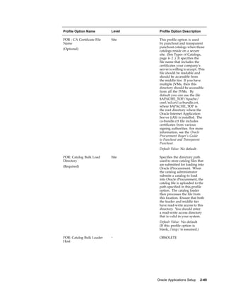Profile Option Name         Level    Profile Option Description

POR : CA Certificate File   Site     This profile option is used
Name                                 by punchout and transparent
                                     punchout catalogs when those
(Optional)
                                     catalogs reside on a secure
                                     site. (See Types of Catalogs,
                                     page 4- 2 .) It specifies the
                                     file name that includes the
                                     certificates your company’s
                                     server is willing to accept. This
                                     file should be readable and
                                     should be accessible from
                                     the middle tier. If you have
                                     multiple JVMs, then this
                                     directory should be accessible
                                     from all the JVMs. By
                                     default you can use the file
                                     $APACHE_TOP/Apache/
                                     conf/ssl.crt/ca-bundle.crt,
                                     where $APACHE_TOP is
                                     the root directory where the
                                     Oracle Internet Application
                                     Server (iAS) is installed. The
                                     ca-bundle.crt file includes
                                     certificates from various
                                     signing authorities. For more
                                     information, see the Oracle
                                     Procurement Buyer’s Guide
                                     to Punchout and Transparent
                                     Punchout.
                                     Default Value: No default

POR: Catalog Bulk Load      Site     Specifies the directory path
Directory                            used to store catalog files that
                                     are submitted for loading into
(Required)
                                     Oracle iProcurement. When
                                     the catalog administrator
                                     submits a catalog to load
                                     into Oracle iProcurement, the
                                     catalog file is uploaded to the
                                     path specified in this profile
                                     option. The catalog loader
                                     then processes the file from
                                     this location. Ensure that both
                                     the loader and middle tier
                                     have read-write access to this
                                     directory. You should enter
                                     a read-write access directory
                                     that is valid in your system.
                                     Default Value: No default
                                     (If this profile option is
                                     blank, /tmp/ is assumed.)

POR: Catalog Bulk Loader    -        OBSOLETE
Host




                                    Oracle Applications Setup     2-49
 