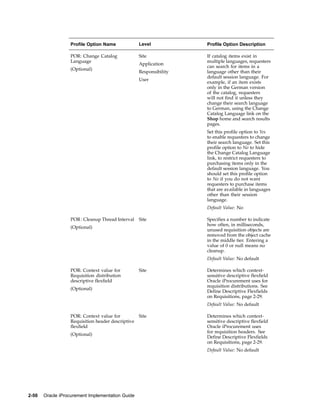 Profile Option Name              Level            Profile Option Description

                  POR: Change Catalog              Site             If catalog items exist in
                  Language                                          multiple languages, requesters
                                                   Application
                                                                    can search for items in a
                  (Optional)
                                                   Responsibility   language other than their
                                                                    default session language. For
                                                   User
                                                                    example, if an item exists
                                                                    only in the German version
                                                                    of the catalog, requesters
                                                                    will not find it unless they
                                                                    change their search language
                                                                    to German, using the Change
                                                                    Catalog Language link on the
                                                                    Shop home and search results
                                                                    pages.
                                                                    Set this profile option to Yes
                                                                    to enable requesters to change
                                                                    their search language. Set this
                                                                    profile option to No to hide
                                                                    the Change Catalog Language
                                                                    link, to restrict requesters to
                                                                    purchasing items only in the
                                                                    default session language. You
                                                                    should set this profile option
                                                                    to No if you do not want
                                                                    requesters to purchase items
                                                                    that are available in languages
                                                                    other than their session
                                                                    language.
                                                                    Default Value: No

                  POR : Cleanup Thread Interval    Site             Specifies a number to indicate
                                                                    how often, in milliseconds,
                  (Optional)
                                                                    unused requisition objects are
                                                                    removed from the object cache
                                                                    in the middle tier. Entering a
                                                                    value of 0 or null means no
                                                                    cleanup.
                                                                    Default Value: No default

                  POR: Context value for           Site             Determines which context-
                  Requisition distribution                          sensitive descriptive flexfield
                  descriptive flexfield                             Oracle iProcurement uses for
                                                                    requisition distributions. See
                  (Optional)
                                                                    Define Descriptive Flexfields
                                                                    on Requisitions, page 2-29.
                                                                    Default Value: No default

                  POR: Context value for           Site             Determines which context-
                  Requisition header descriptive                    sensitive descriptive flexfield
                  flexfield                                         Oracle iProcurement uses
                                                                    for requisition headers. See
                  (Optional)
                                                                    Define Descriptive Flexfields
                                                                    on Requisitions, page 2-29.
                                                                    Default Value: No default




2-50   Oracle iProcurement Implementation Guide
 