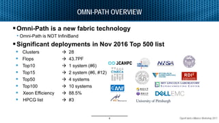 OpenFabrics Alliance Workshop 2017
OMNI-PATH OVERVIEW
Omni-Path is a new fabric technology
• Omni-Path is NOT InfiniBand
Significant deployments in Nov 2016 Top 500 list
 Clusters  28
 Flops  43.7PF
 Top10  1 system (#6)
 Top15  2 system (#6, #12)
 Top50  4 systems
 Top100  10 systems
 Xeon Efficiency  88.5%
 HPCG list  #3
4
 
