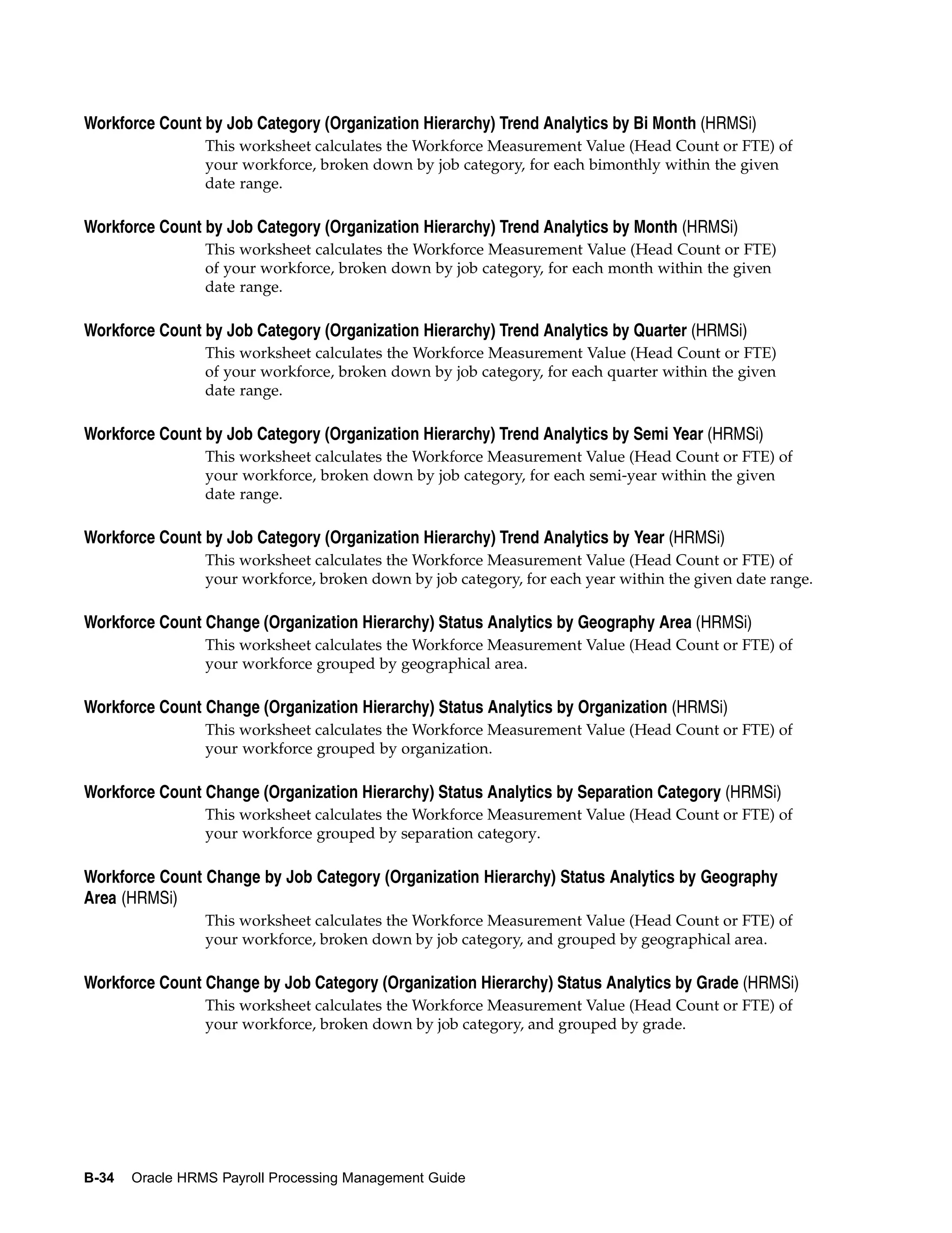 Workforce Count by Job Category (Organization Hierarchy) Trend Analytics by Bi Month (HRMSi)
                 This worksheet calculates the Workforce Measurement Value (Head Count or FTE) of
                 your workforce, broken down by job category, for each bimonthly within the given
                 date range.

Workforce Count by Job Category (Organization Hierarchy) Trend Analytics by Month (HRMSi)
                 This worksheet calculates the Workforce Measurement Value (Head Count or FTE)
                 of your workforce, broken down by job category, for each month within the given
                 date range.

Workforce Count by Job Category (Organization Hierarchy) Trend Analytics by Quarter (HRMSi)
                 This worksheet calculates the Workforce Measurement Value (Head Count or FTE)
                 of your workforce, broken down by job category, for each quarter within the given
                 date range.

Workforce Count by Job Category (Organization Hierarchy) Trend Analytics by Semi Year (HRMSi)
                 This worksheet calculates the Workforce Measurement Value (Head Count or FTE) of
                 your workforce, broken down by job category, for each semi-year within the given
                 date range.

Workforce Count by Job Category (Organization Hierarchy) Trend Analytics by Year (HRMSi)
                 This worksheet calculates the Workforce Measurement Value (Head Count or FTE) of
                 your workforce, broken down by job category, for each year within the given date range.

Workforce Count Change (Organization Hierarchy) Status Analytics by Geography Area (HRMSi)
                 This worksheet calculates the Workforce Measurement Value (Head Count or FTE) of
                 your workforce grouped by geographical area.

Workforce Count Change (Organization Hierarchy) Status Analytics by Organization (HRMSi)
                 This worksheet calculates the Workforce Measurement Value (Head Count or FTE) of
                 your workforce grouped by organization.

Workforce Count Change (Organization Hierarchy) Status Analytics by Separation Category (HRMSi)
                 This worksheet calculates the Workforce Measurement Value (Head Count or FTE) of
                 your workforce grouped by separation category.

Workforce Count Change by Job Category (Organization Hierarchy) Status Analytics by Geography
Area (HRMSi)
                 This worksheet calculates the Workforce Measurement Value (Head Count or FTE) of
                 your workforce, broken down by job category, and grouped by geographical area.

Workforce Count Change by Job Category (Organization Hierarchy) Status Analytics by Grade (HRMSi)
                 This worksheet calculates the Workforce Measurement Value (Head Count or FTE) of
                 your workforce, broken down by job category, and grouped by grade.




B-34   Oracle HRMS Payroll Processing Management Guide
 