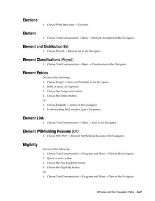Elections
              1.    Choose Work Structures -> Elections


Element
              1.    Choose Total Compensation -> Basic -> Element Description in the Navigator.


Element and Distribution Set
              1.    Choose Payroll -> Element Set in the Navigator.


Element Classifications (Payroll)
              1.    Choose Total Compensation -> Basic -> Classification in the Navigator.


Element Entries
              Do one of the following:
              1.    Choose People -> Enter and Maintain in the Navigator.
              2.    Enter or query an employee.
              3.    Choose the Assignment button.
              4.    Choose the Entries button.
              Or:
              1.    Choose Fastpath -> Entries in the Navigator.
              2.    In the resulting Find window, query the person.


Element Link
              1.    Choose Total Compensation -> Basic -> Link in the Navigator.


Element Withholding Reasons (UK)
              1.    Choose SSP/SMP -> Element Withholding Reasons in the Navigator.


Eligibility
              Do one of the following:
              1.    Choose Total Compensation -> Programs and Plans -> Plans in the Navigator.
              2.    Query or enter a plan.
              3.    Choose the Plan Eligibility button.
              4.    Choose the Eligibility button.
              Or:
              1.    Choose Total Compensation -> Programs and Plans -> Plans in the Navigator.




                                                                   Windows and their Navigation Paths   A-27
 