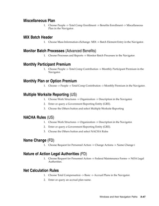 Miscellaneous Plan
            1.   Choose People -> Total Comp Enrollment -> Benefits Enrollment -> Miscellaneous
                 Plan in the Navigator.


MIX Batch Header
            1.   Choose Mass Information eXchange: MIX -> Batch Element Entry in the Navigator.


Monitor Batch Processes (Advanced Benefits)
            1.   Choose Processes and Reports -> Monitor Batch Processes in the Navigator.


Monthly Participant Premium
            1.   Choose People -> Total Comp Contribution -> Monthly Participant Premium in the
                 Navigator.


Monthly Plan or Option Premium
            1.   Choose -> People -> Total Comp Contribution -> Monthly Premium in the Navigator.


Multiple Worksite Reporting (US)
            1.   Choose Work Structures -> Organization -> Description in the Navigator.
            2.   Enter or query a Government Reporting Entity (GRE).
            3.   Choose the Others button and select Multiple Worksite Reporting


NACHA Rules (US)
            1.   Choose Work Structures -> Organization -> Description in the Navigator.
            2.   Enter or query a Government Reporting Entity (GRE).
            3.   Choose the Others button and select NACHA Rules


Name Change (FD)
            1.   Choose Request for Personnel Action -> Change Actions -> Name Change i


Nature of Action Legal Authorities (FD)
            1.   Choose Request for Personnel Action -> Federal Maintenance Forms -> NOA Legal
                 Authorities.


Net Calculation Rules
            1.   Choose Total Compensation -> Basic -> Accrual Plans in the Navigator.
            2.   Enter or query an accrual plan name.




                                                            Windows and their Navigation Paths   A-47
 